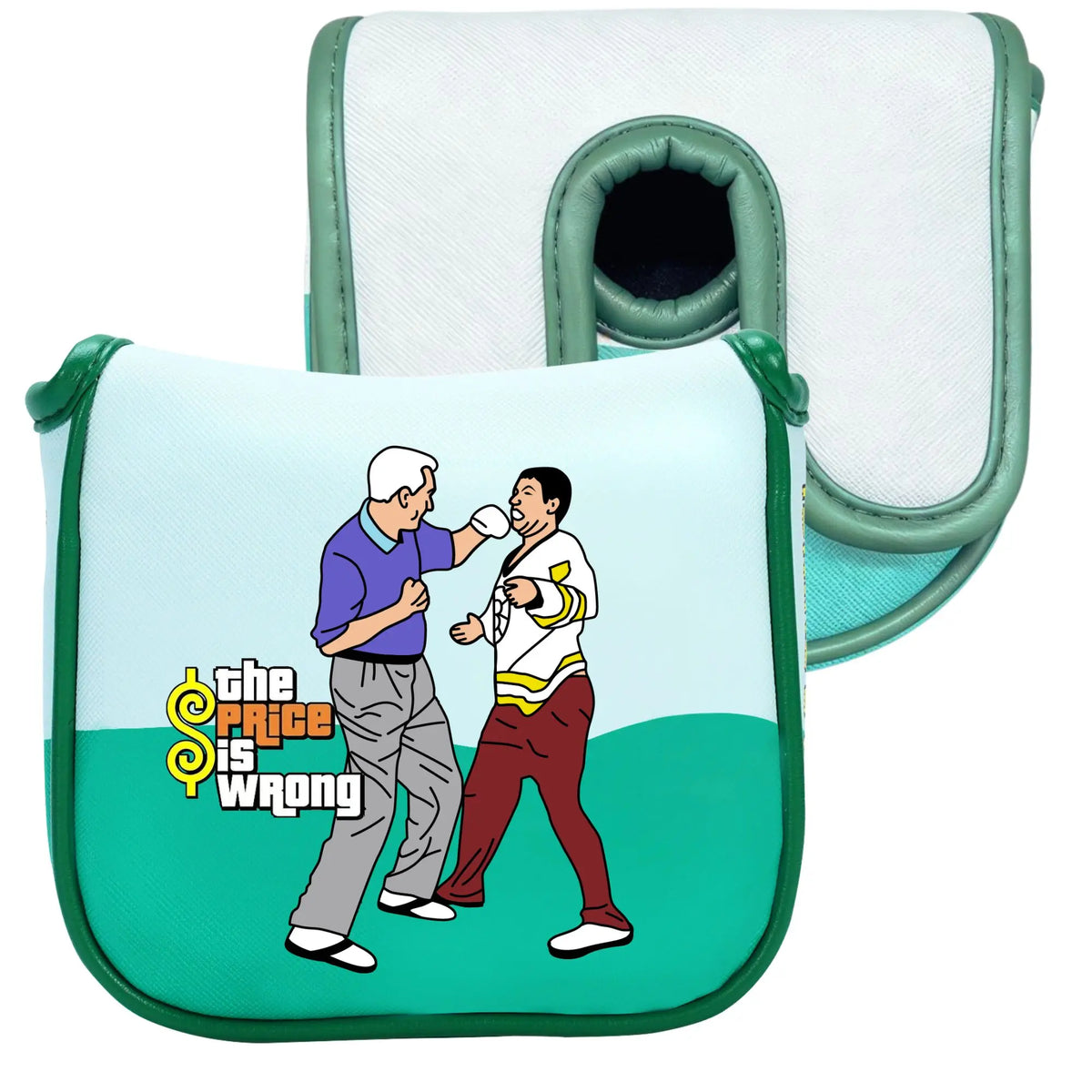 A light blue patterned golf putter headcover with a green strap and a white interior lining.