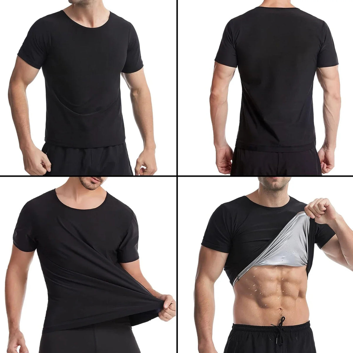 Haut de combinaison de sport noire pour hommes, vue de face et de dos, avec une couche de compression grise visible.