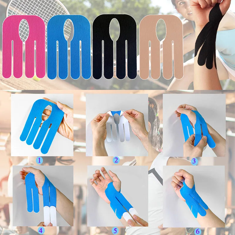 A collection of twelve colorful kinesiology tapes in various colors and designs shown on skin for sports and pain relief.