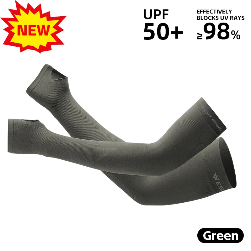 Black fingerless arm sleeves designed for UV protection and warmth.