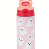 A pink insulated stainless steel thermos cup with a white ghost pattern and an orange lid.