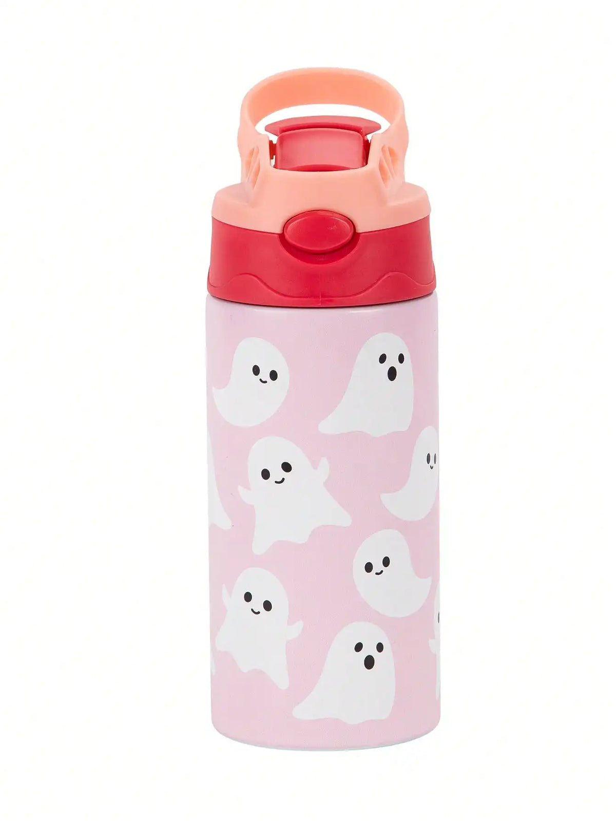 A pink insulated stainless steel thermos cup with a white ghost pattern and an orange lid.