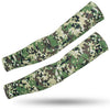 A pair of olive green and brown camouflage arm sleeves for tactical use.
