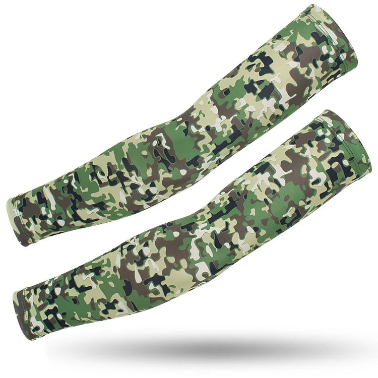 A pair of olive green and brown camouflage arm sleeves for tactical use.