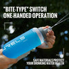 A hand holds a blue water bottle with a switch mechanism, demonstrating one-handed operation for drinking water.
