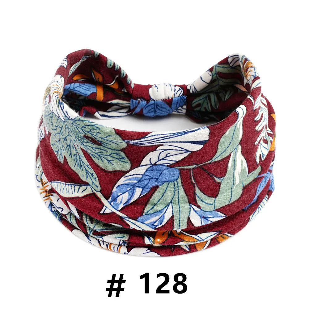 Bandeau en coton élastique à motifs floraux marron et bleu style bohème.