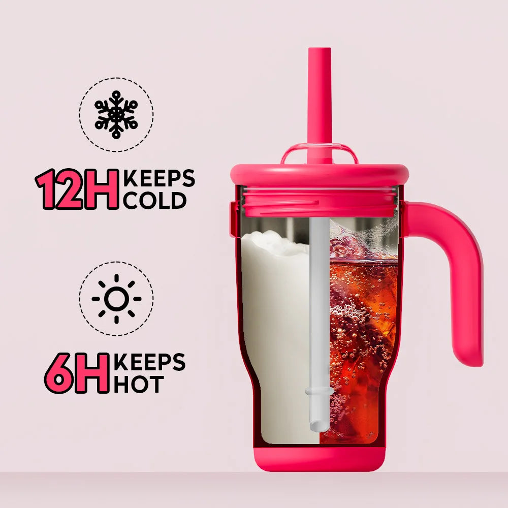 A pink stainless steel travel mug with a handle, demonstrating temperature retention features.