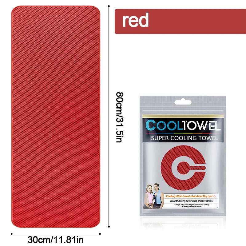 Serviette de refroidissement rouge emballée dans un sachet plastique transparent, marque Cool towel visible.