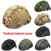 A collection of tactical helmet covers in various camouflage patterns and colors for airsoft and paintball.