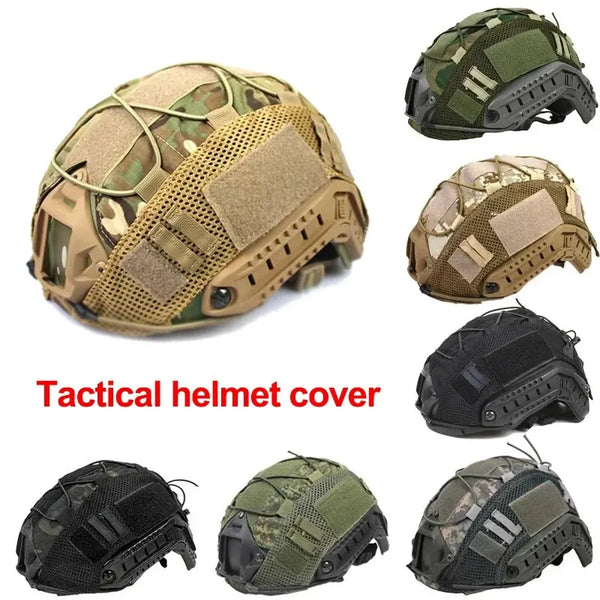 A collection of tactical helmet covers in various camouflage patterns and colors for airsoft and paintball.