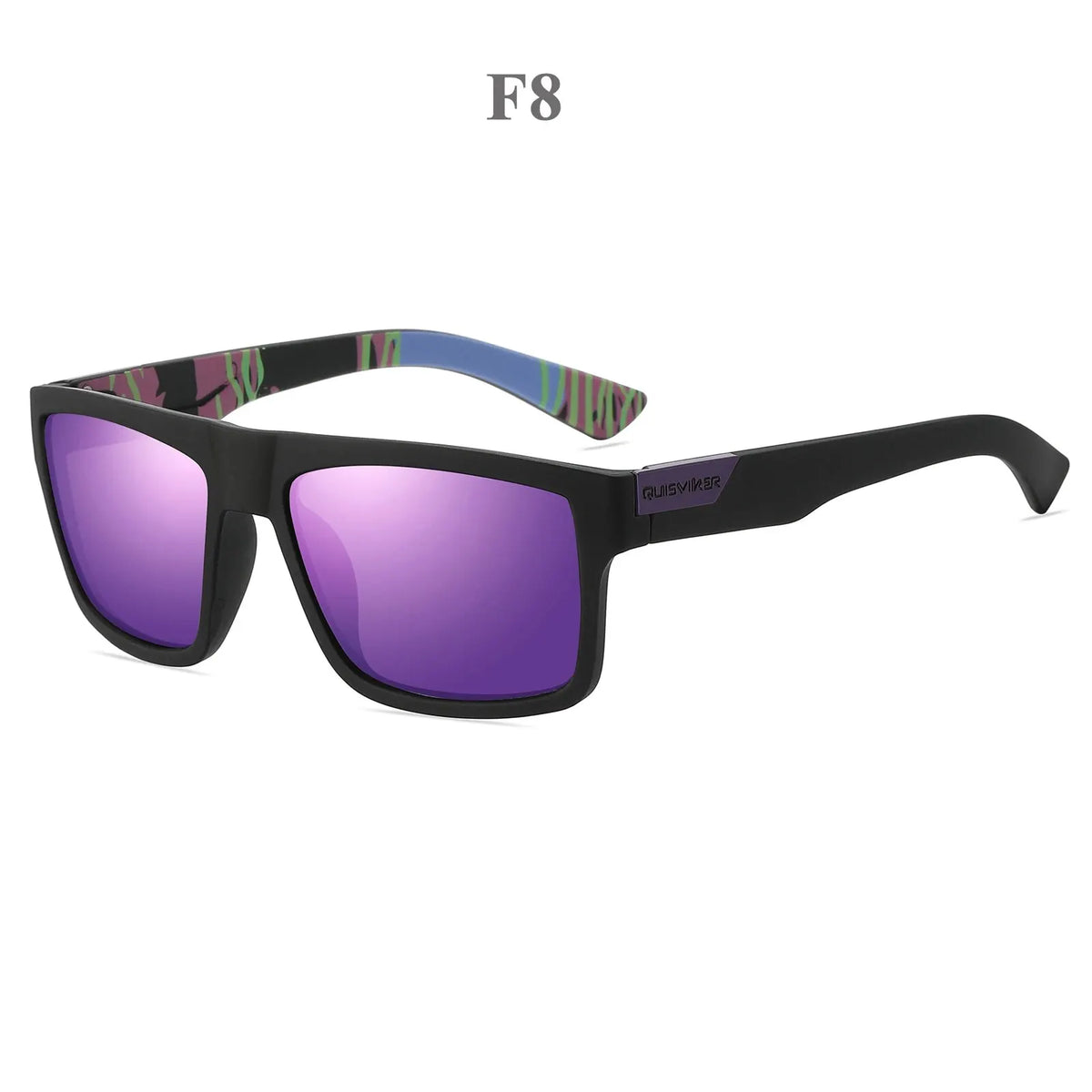 Gafas polarizadas negras con lentes morados y patilla estampada para deportes al aire libre