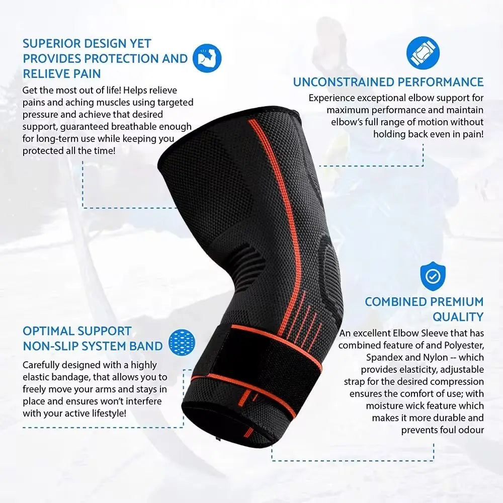 Black nylon elbow brace shown in a profile view, highlighting its design features for joint support.