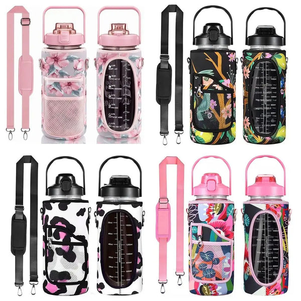 Set aus rosa und schwarz isolierten Wasserflaschenhüllen mit verstellbaren Riemen und floralen sowie abstrakten Mustern.