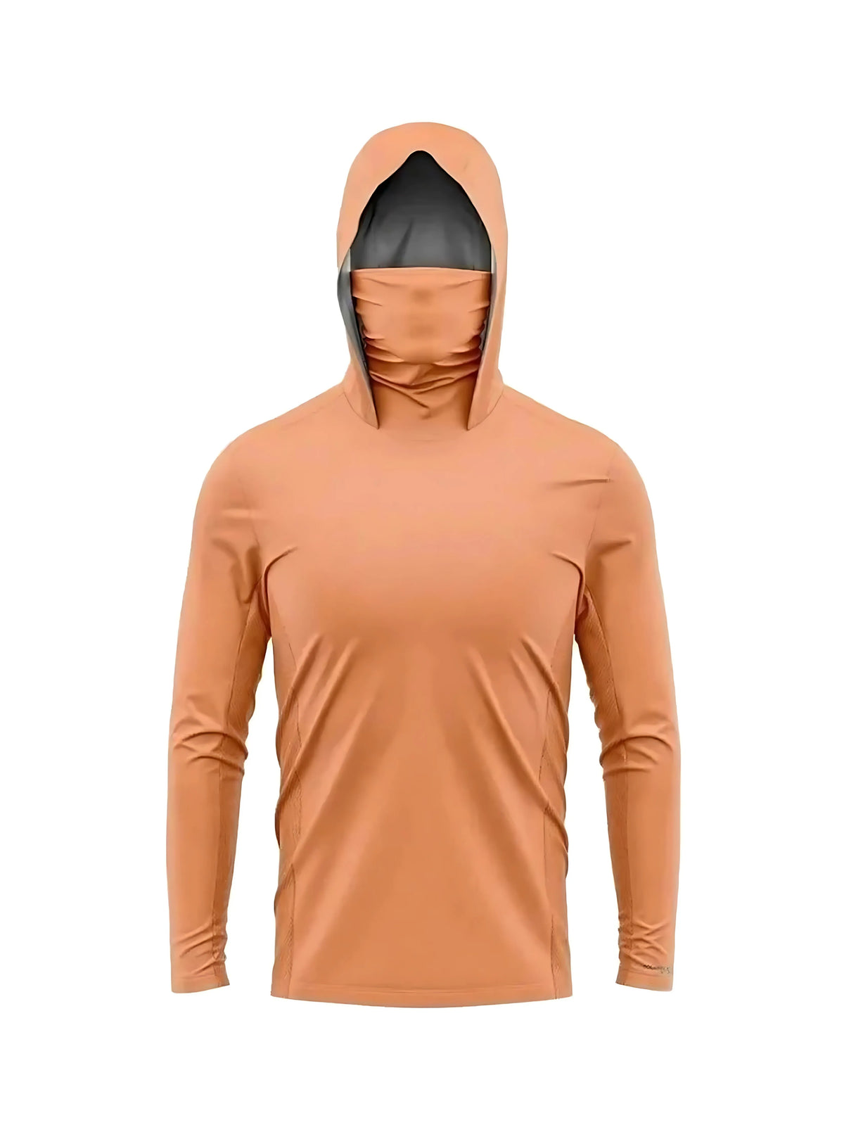 Terrakotta-orangees Herren-UV-Schutz-Langarmshirt mit Kapuze.