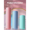 Three hexagonal foam yoga rollers in pink, light blue, and mint green are displayed against a soft pink background.