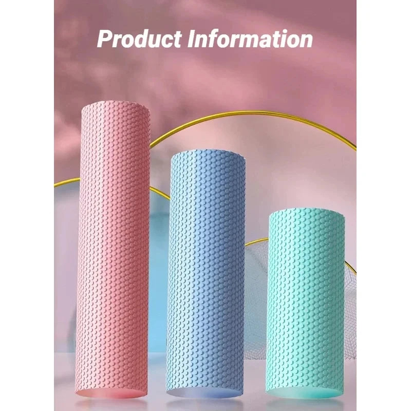 Three hexagonal foam yoga rollers in pink, light blue, and mint green are displayed against a soft pink background.
