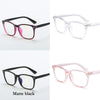 A set of optical glasses in various colors including pink, clear, and matte black frames.