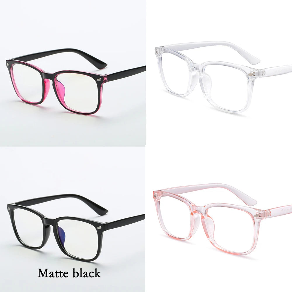 A set of optical glasses in various colors including pink, clear, and matte black frames.