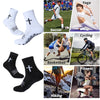 A collection of black and white sports socks featuring a cross design for various athletic activities like soccer, cycling, b
