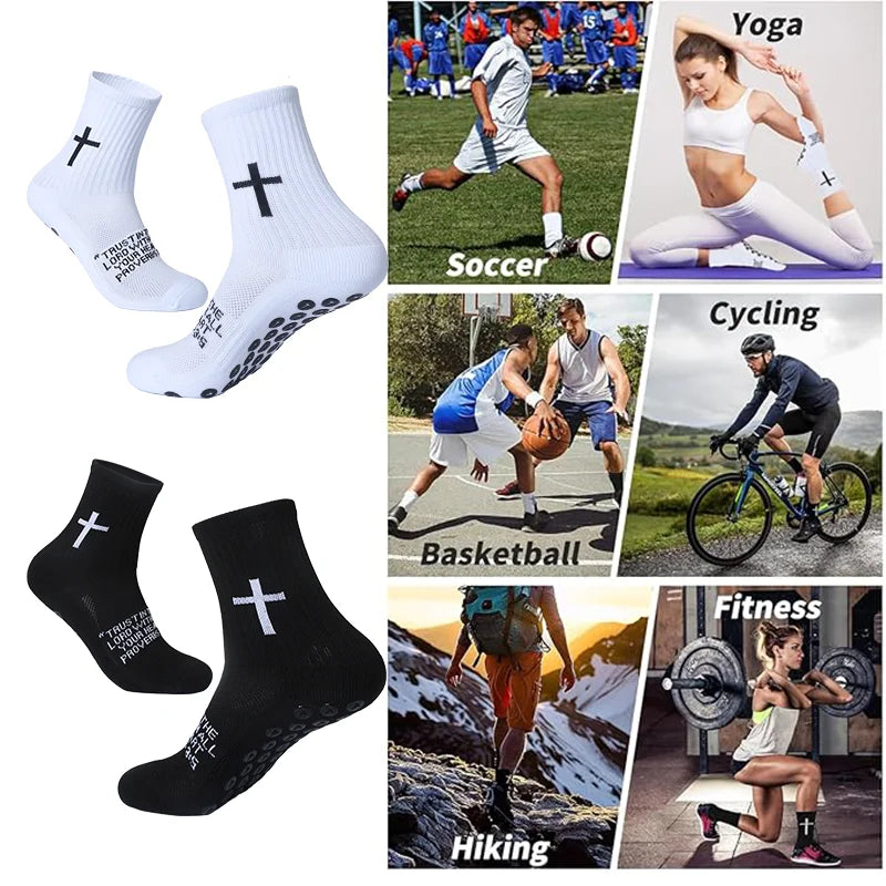 A collection of black and white sports socks featuring a cross design for various athletic activities like soccer, cycling, b