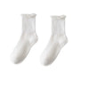 A pair of white cotton ankle socks with ruffled edges.