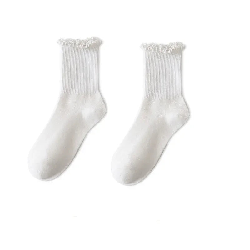 A pair of white cotton ankle socks with ruffled edges.