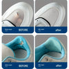 Before and after images showing self-adhesive shoe repair patches for addressing damage on white canvas shoes.