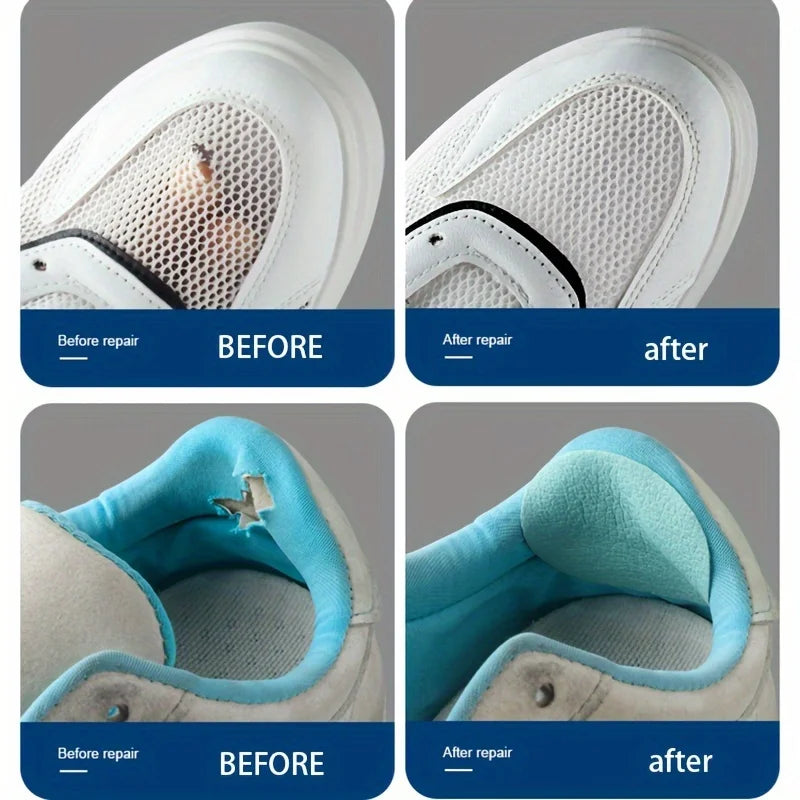 Before and after images showing self-adhesive shoe repair patches for addressing damage on white canvas shoes.
