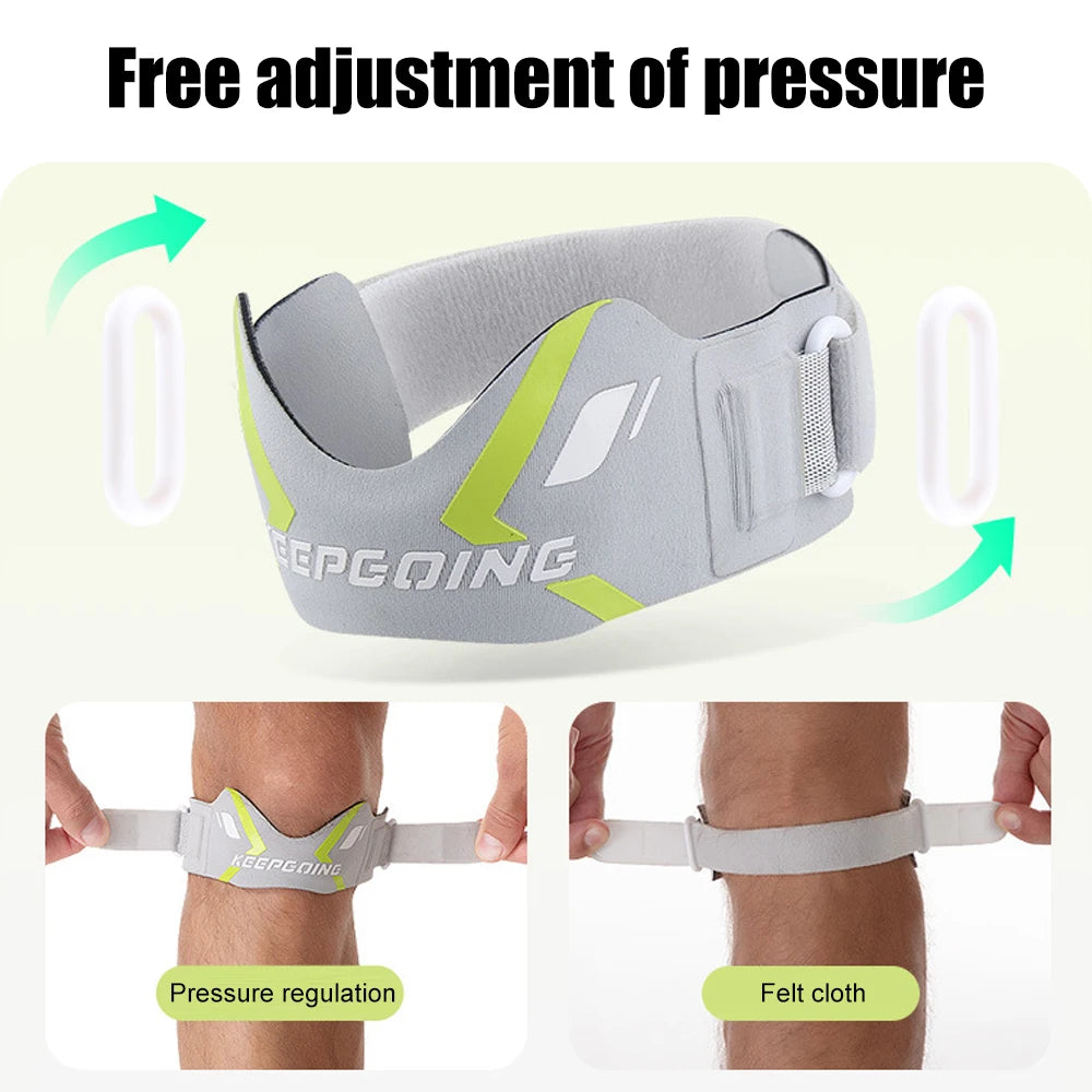 Gray knee strap with a yellow accent showing pressure regulation and felt cloth features.