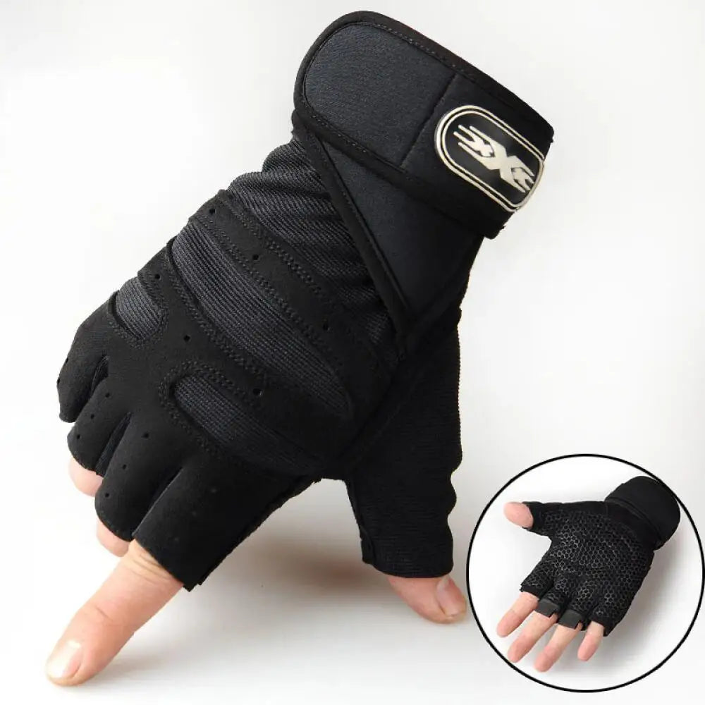 Black half finger wrist guards for sports and fitness shown on a hand.