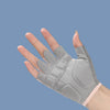 Gray half finger sports gloves worn on a hand against a blue-gray background.