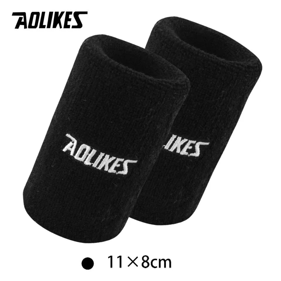 A pair of black athletic wristbands with the brand name AOLIKES printed on them.