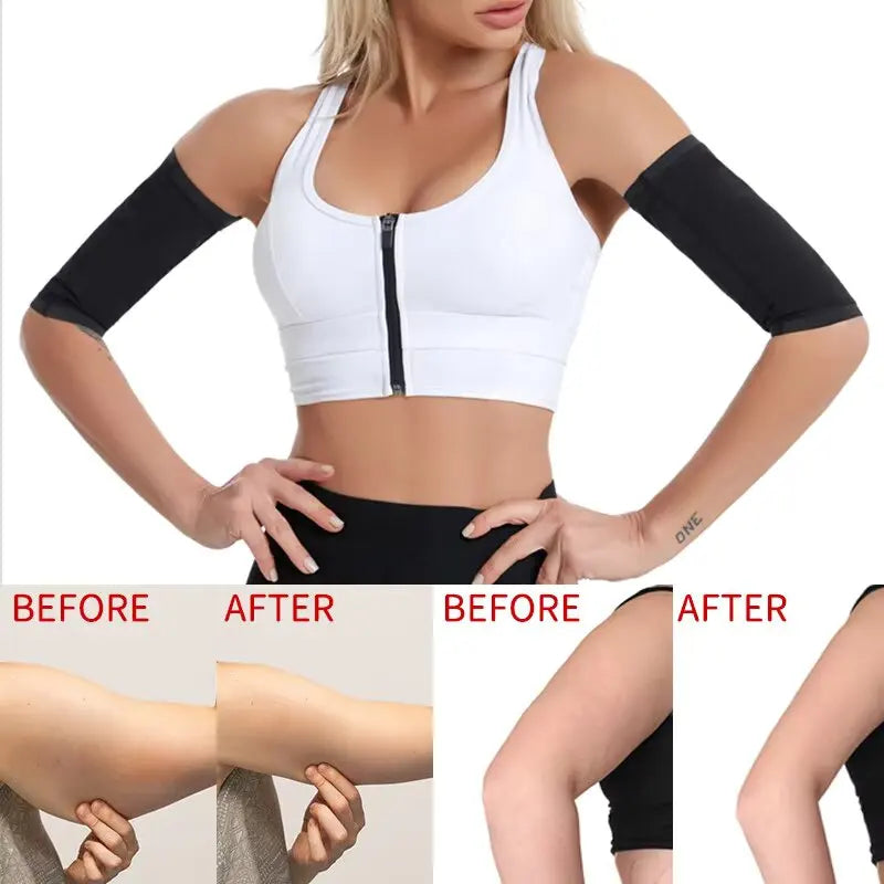 A woman wearing black arm slimming compression bands for workout, showing before and after results.
