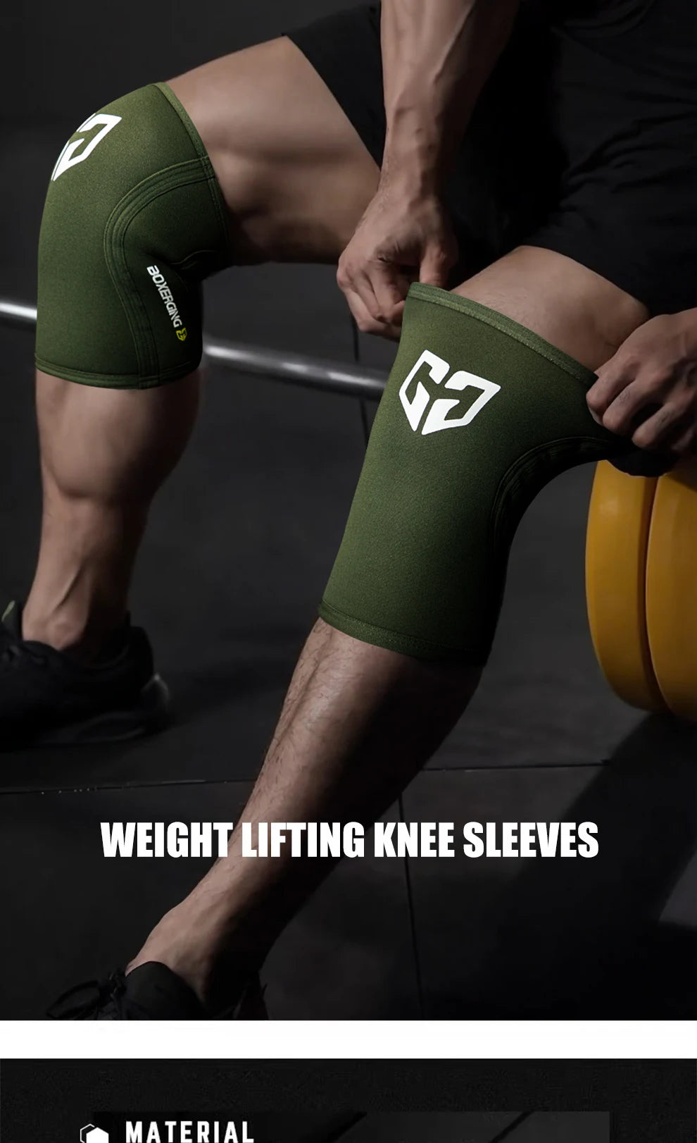 A close-up shot of a person wearing olive green compression knee sleeves during weight lifting.