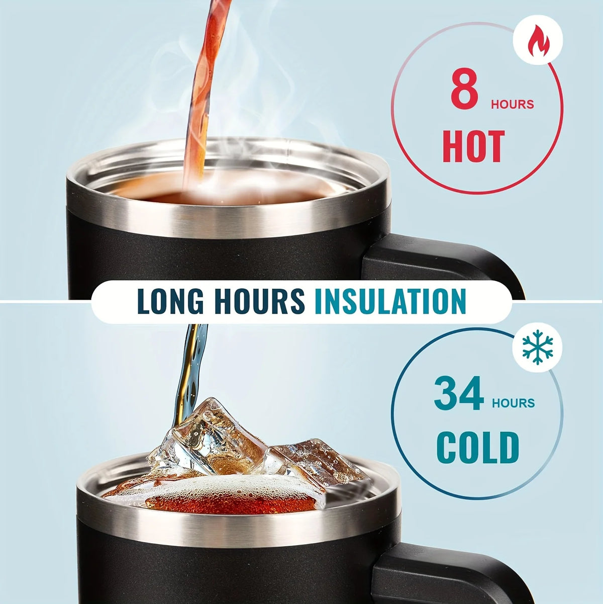 Termo de viaje en acero inoxidable negro, demostrando aislamiento prolongado con vapor y hielo intactos.