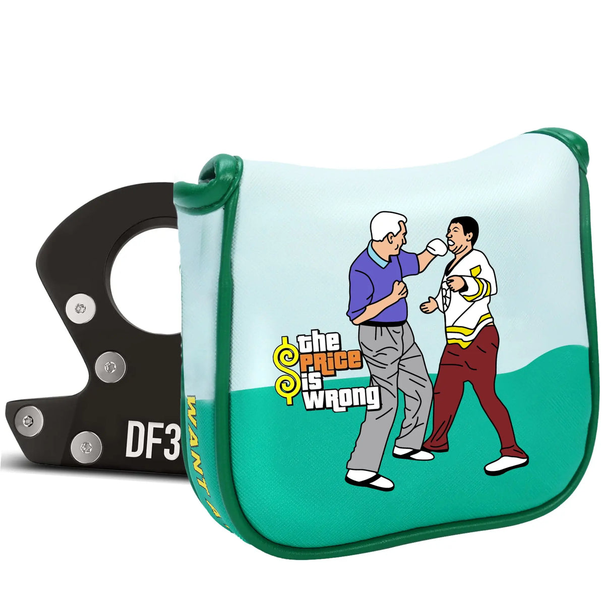 A green and white patterned leather puck case with a black golf club holder.
