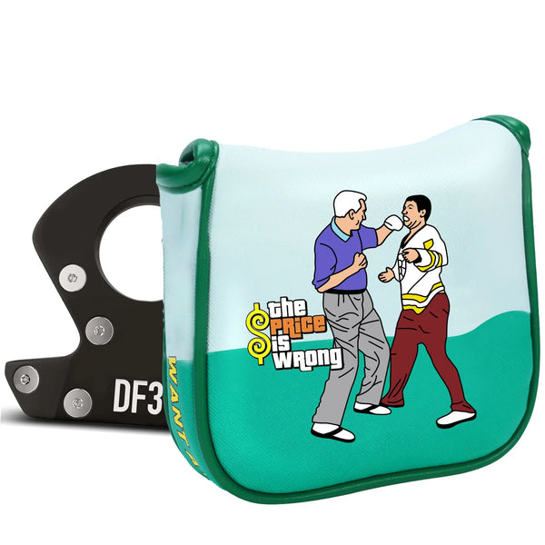 Estuche de cuero verde y blanco con patrón y soporte para palo de golf negro.