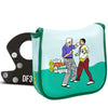 A green and white patterned leather puck case with a black golf club holder.