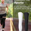 White and black elastic compression leg sleeves shown next to a man running on a track.