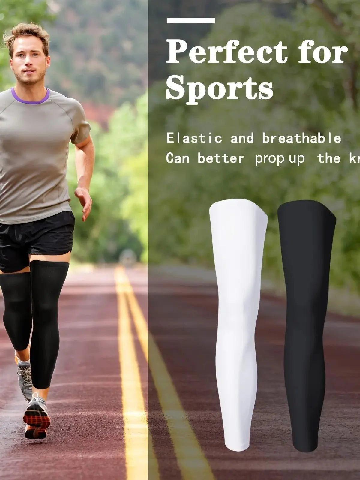 White and black elastic compression leg sleeves shown next to a man running on a track.