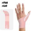 Pink silicone thumb and wrist brace shown on a hand for joint pain relief