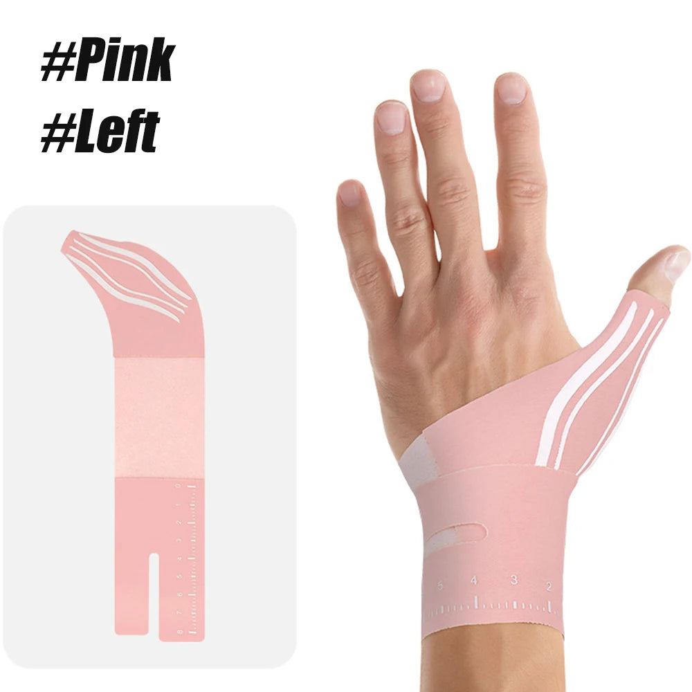 Pink silicone thumb and wrist brace shown on a hand for joint pain relief
