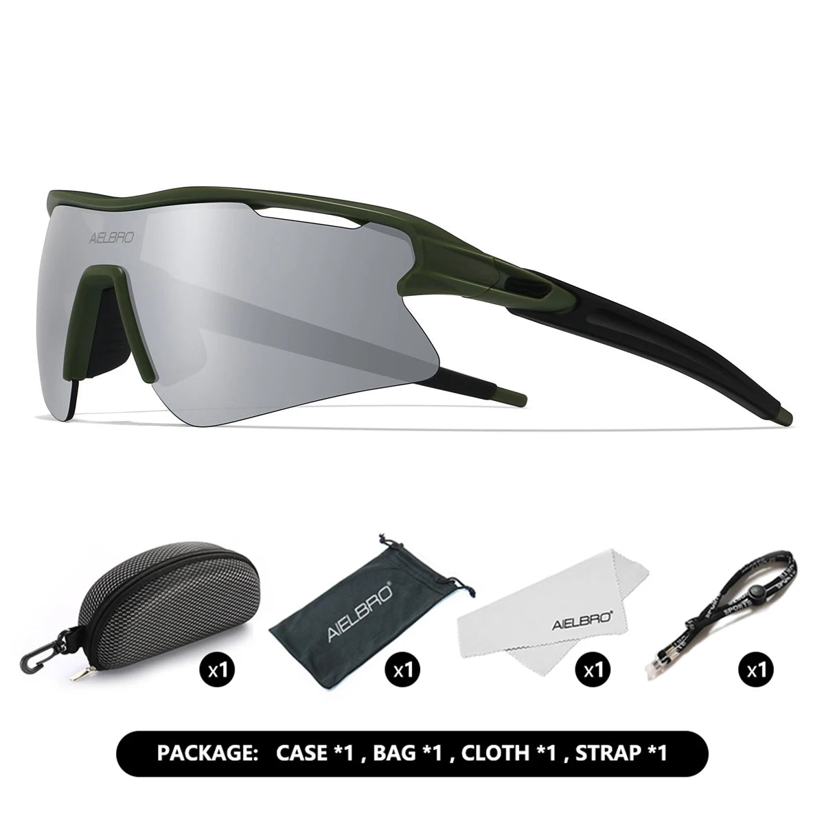 A pair of olive green Abelpro sports sunglasses shown in a product package with accessories.