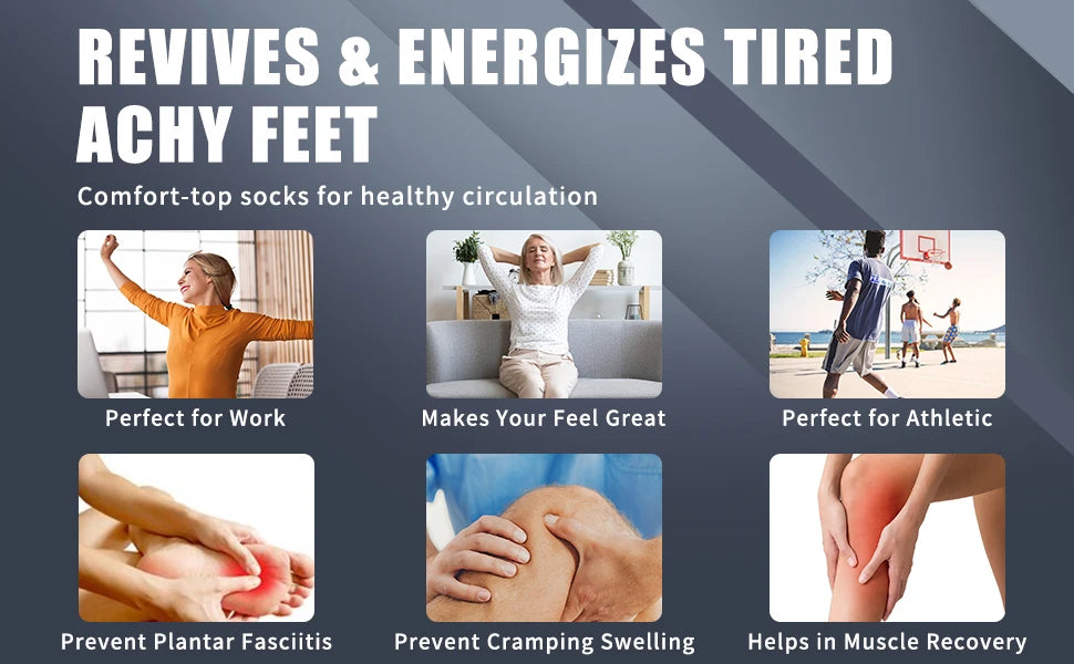 Comfort-top socks for healthy circulation designed to revive and energize tired, achy feet.