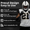 A football player wearing a white jersey and helmet demonstrates how to apply precut design easy to use turf tape.