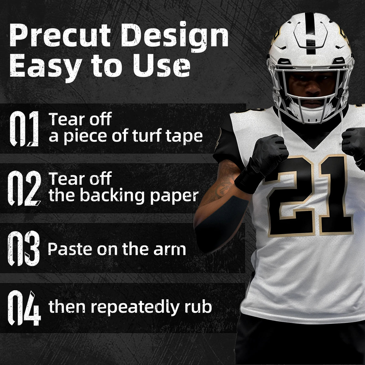 A football player wearing a white jersey and helmet demonstrates how to apply precut design easy to use turf tape.