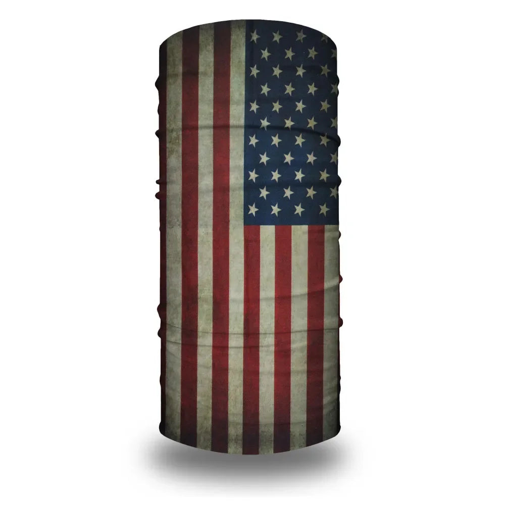 A vertical tube bandana or head wrap featuring the design of the American flag.