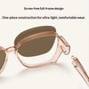 A close-up view of a rose gold wrap-around sunglasses frame with a tinted lens.