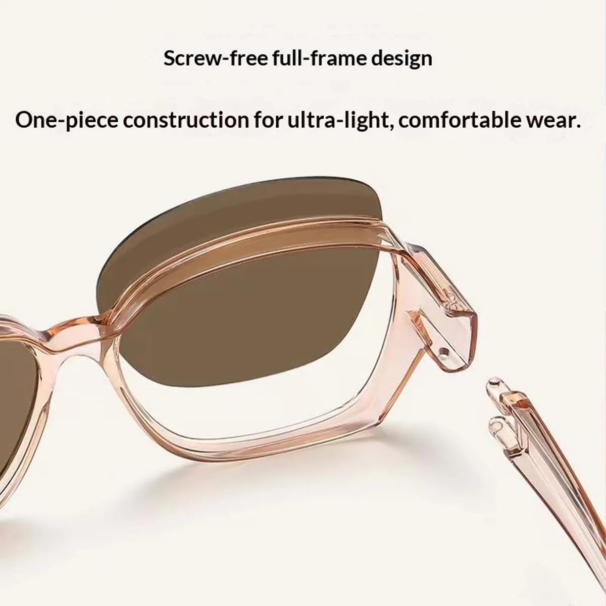 A close-up view of a rose gold wrap-around sunglasses frame with a tinted lens.