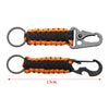 A multi-tool keychain featuring a black and orange braided cord and a metal clip.